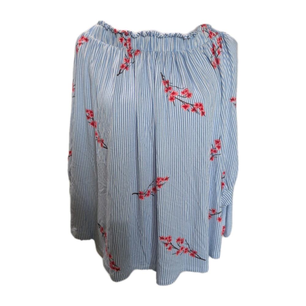 Olive + Oak Blue Striped Floral Off Shoulder Top Women's Size Medium Cottagecore